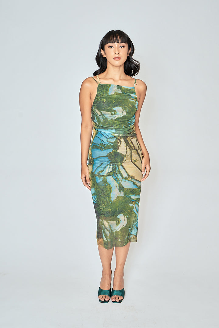 Jamie Multicolor Print Sleeveless Thin Strap Low Back Midi Dress