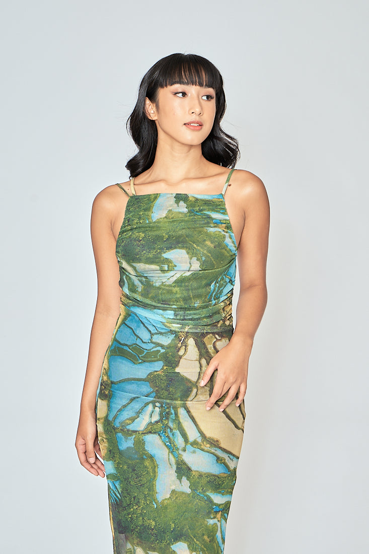 Jamie Multicolor Print Sleeveless Thin Strap Low Back Midi Dress