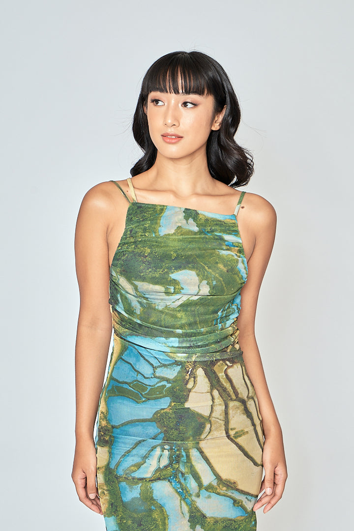 Jamie Multicolor Print Sleeveless Thin Strap Low Back Midi Dress