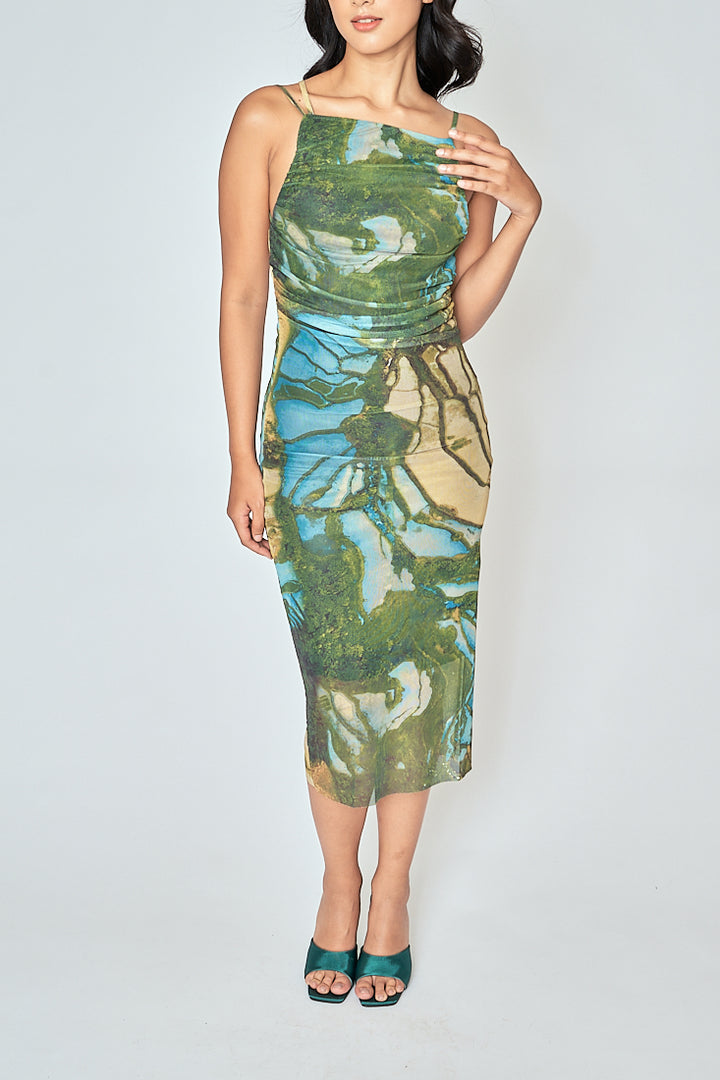 Jamie Multicolor Print Sleeveless Thin Strap Low Back Midi Dress