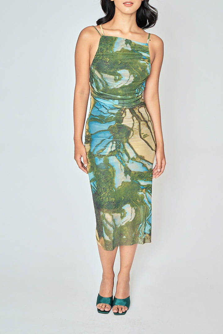 Jamie Multicolor Print Sleeveless Thin Strap Low Back Midi Dress