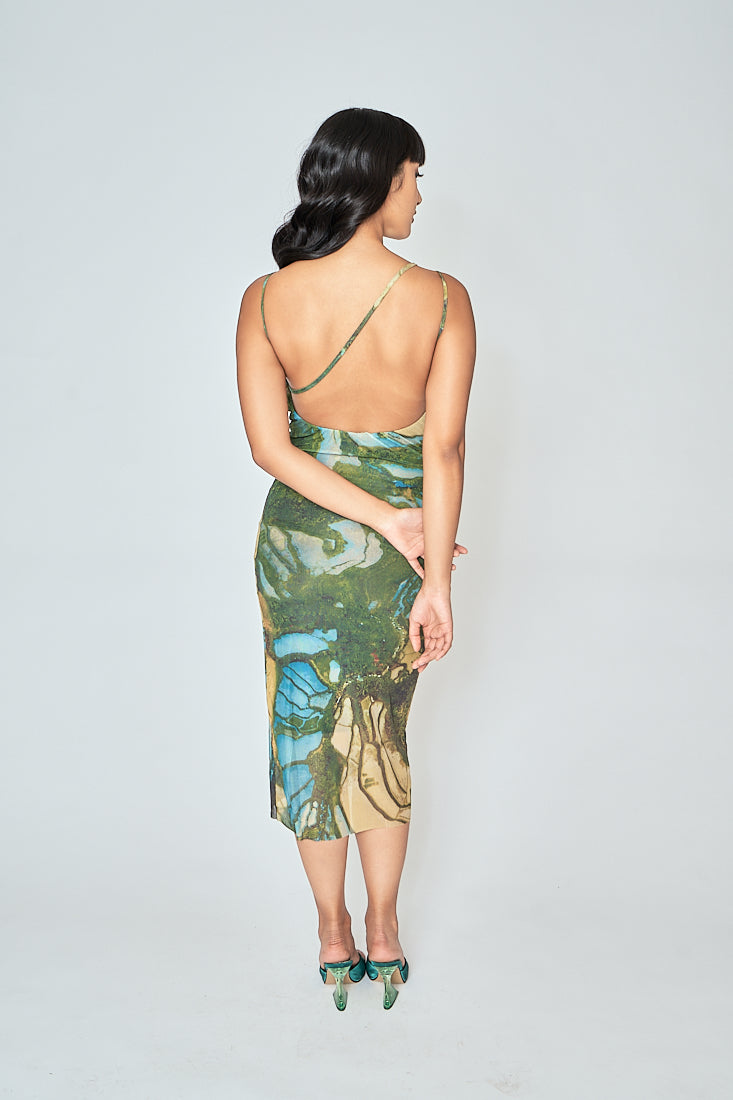 Jamie Multicolor Print Sleeveless Thin Strap Low Back Midi Dress