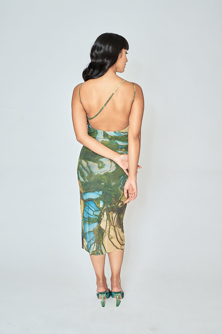 Jamie Multicolor Print Sleeveless Thin Strap Low Back Midi Dress