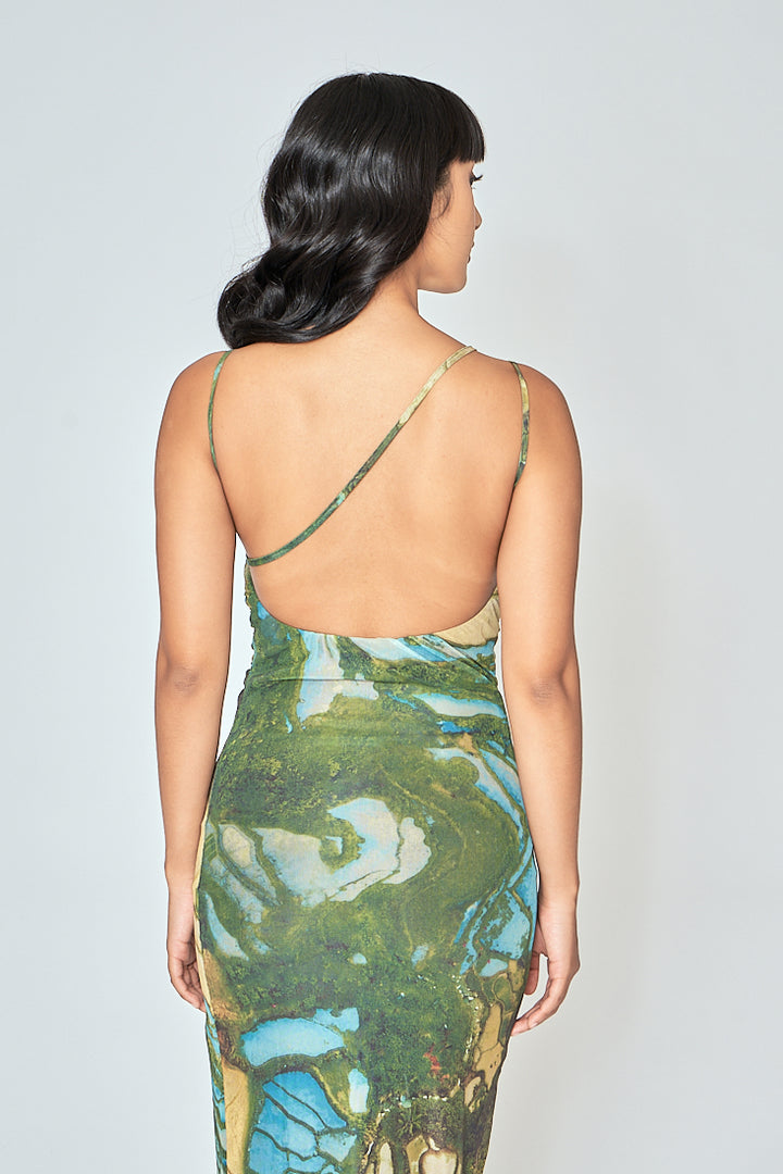Jamie Multicolor Print Sleeveless Thin Strap Low Back Midi Dress