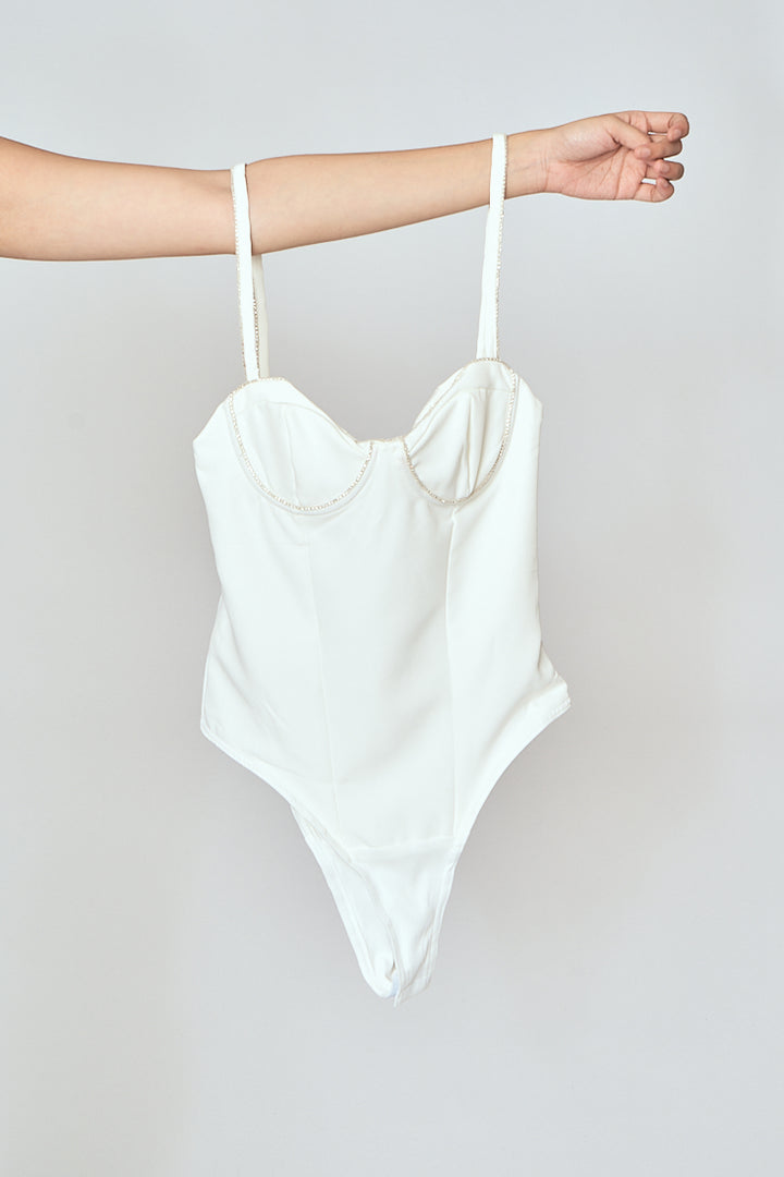 Jaidee White Rhinestone Sweetheart Neckline Sleeveless Bodysuit