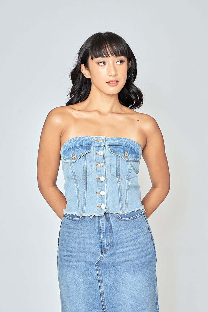 Hinata Blue Denim Buttondown Tube Top