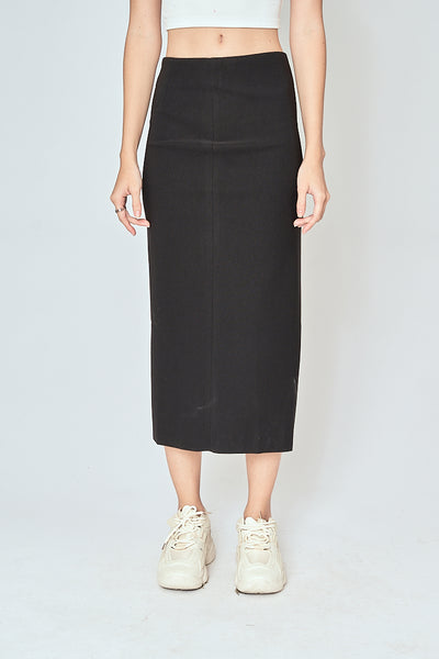 Kally Black Straight Cut Side Slit Midi Skirt