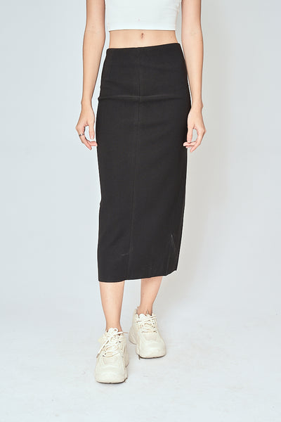 Kally Black Straight Cut Side Slit Midi Skirt