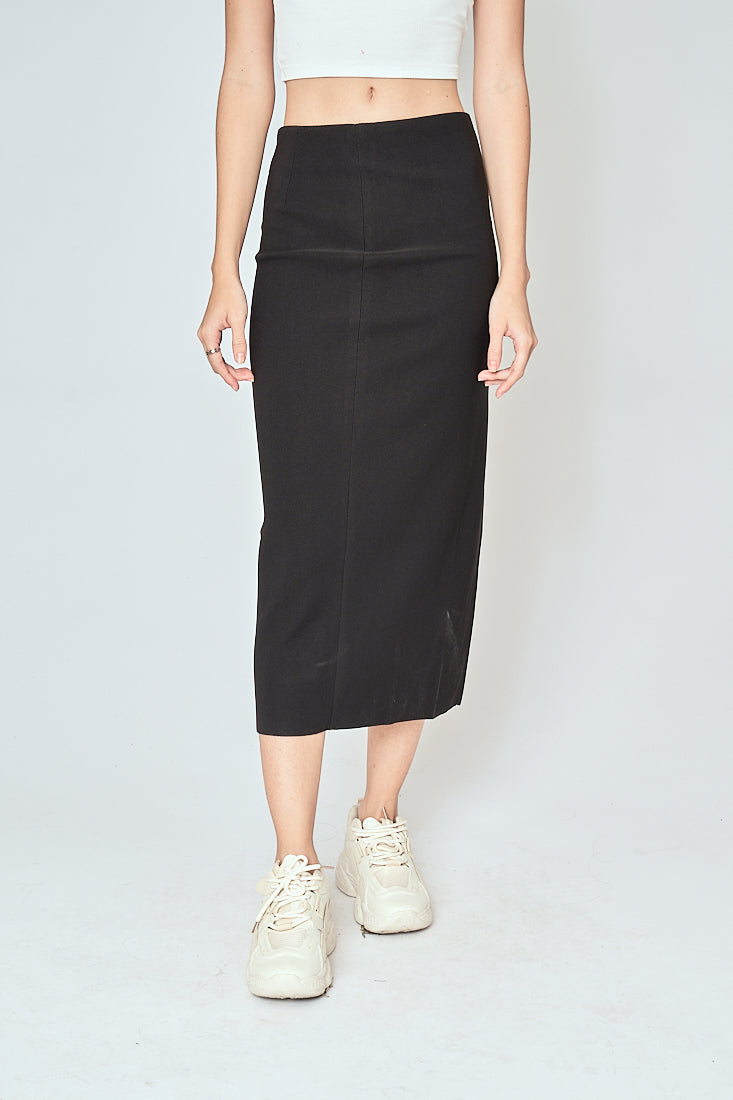 Kally Black Straight Cut Side Slit Midi Skirt