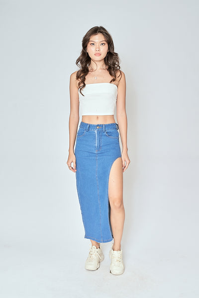 Eury Blue Denim Zipper Fly Side Slit Multi-Pockets Midi Skirt