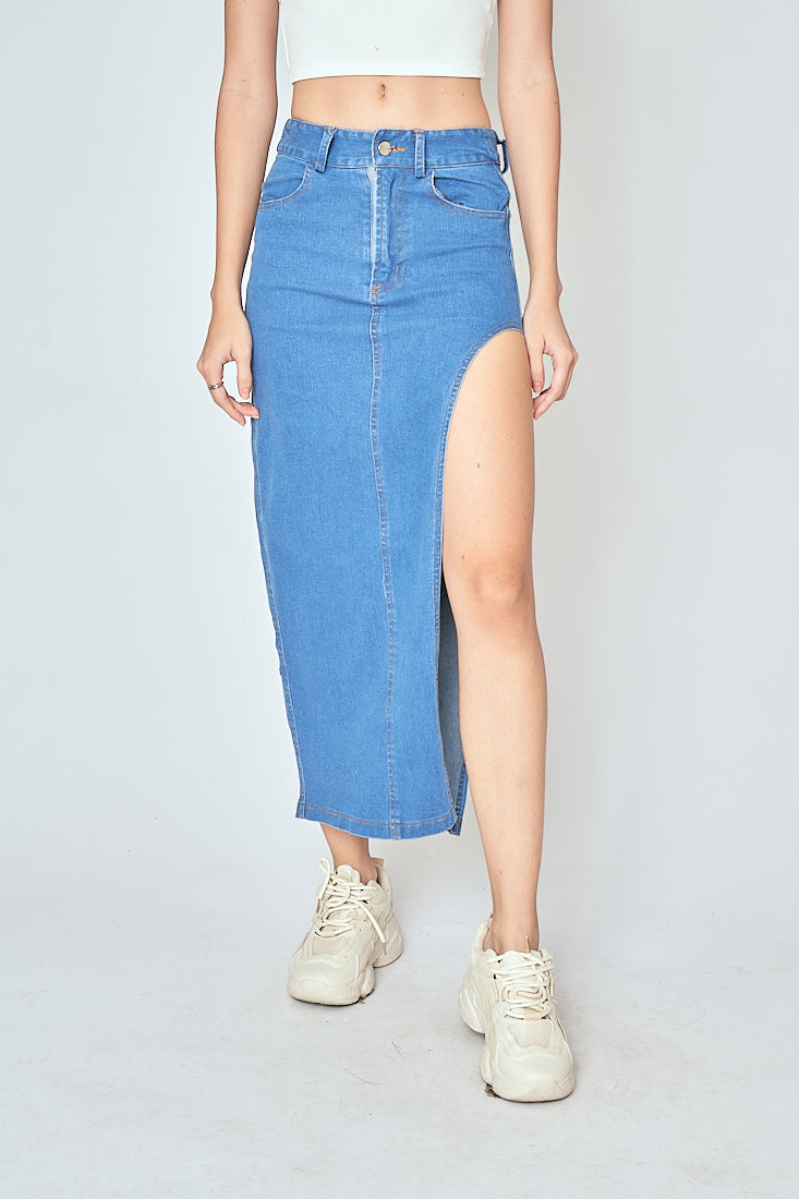 Eury Blue Denim Zipper Fly Side Slit Multi-Pockets Midi Skirt