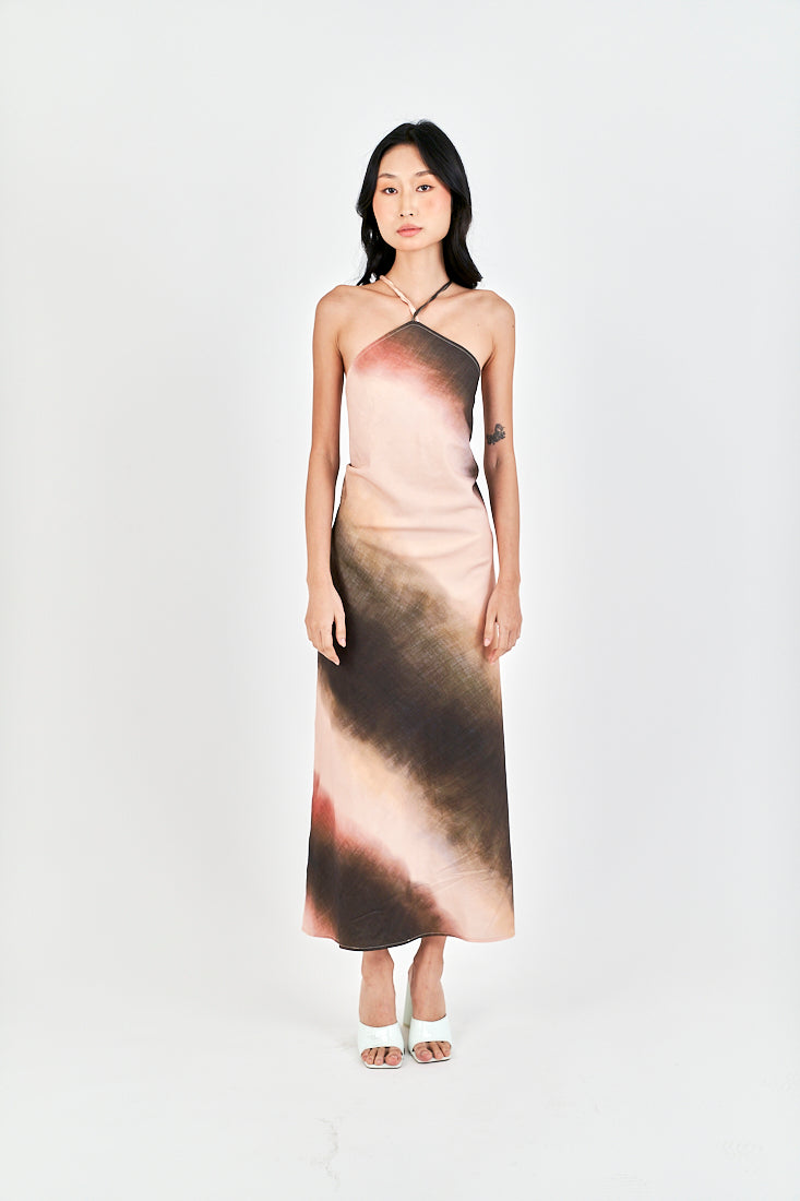 Mischka Brown Tie Dye Halter Beaded Back Strap Sleeveless Maxi Dress