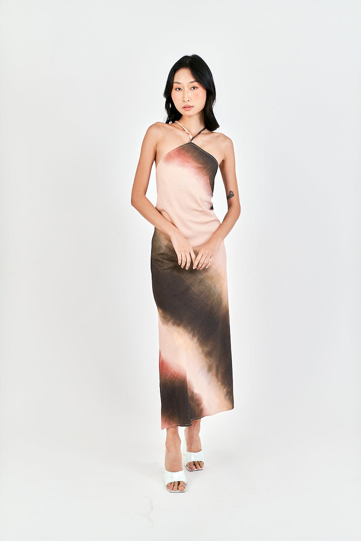 Mischka Brown Tie Dye Halter Beaded Back Strap Sleeveless Maxi Dress