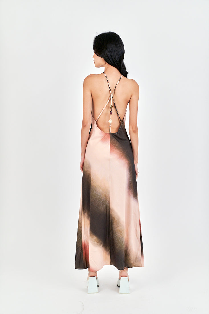 Mischka Brown Tie Dye Halter Beaded Back Strap Sleeveless Maxi Dress