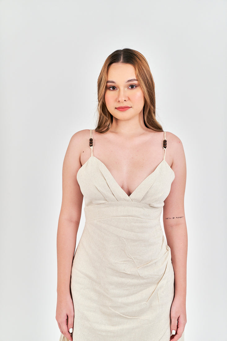 Shine Beige V Neck Front Slit Pleated Multi Beaded Thin Strap Side Zipper Mini Dress