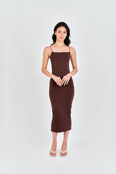 Cleonice Deep Brown Knitted Spaghetti Strap Sleeveless Midi Dress