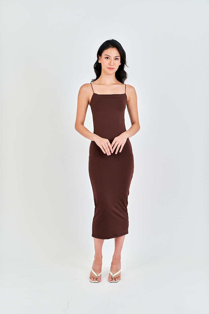 Cleonice Deep Brown Knitted Spaghetti Strap Sleeveless Midi Dress