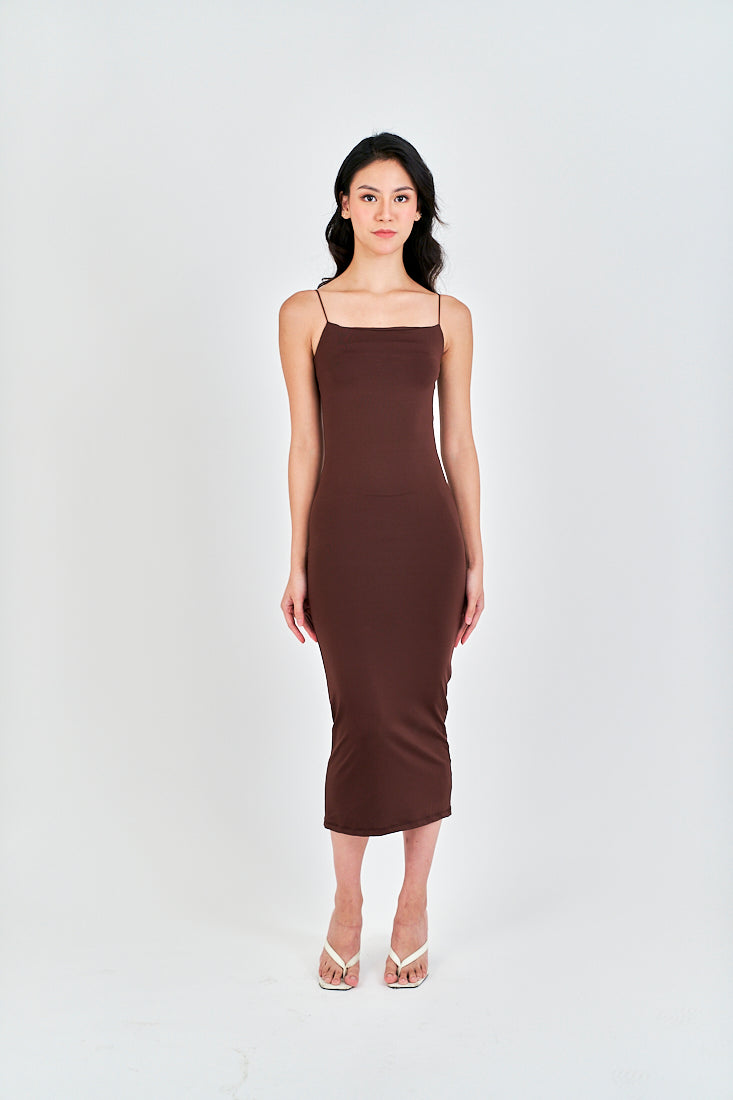 Cleonice Deep Brown Knitted Spaghetti Strap Sleeveless Midi Dress