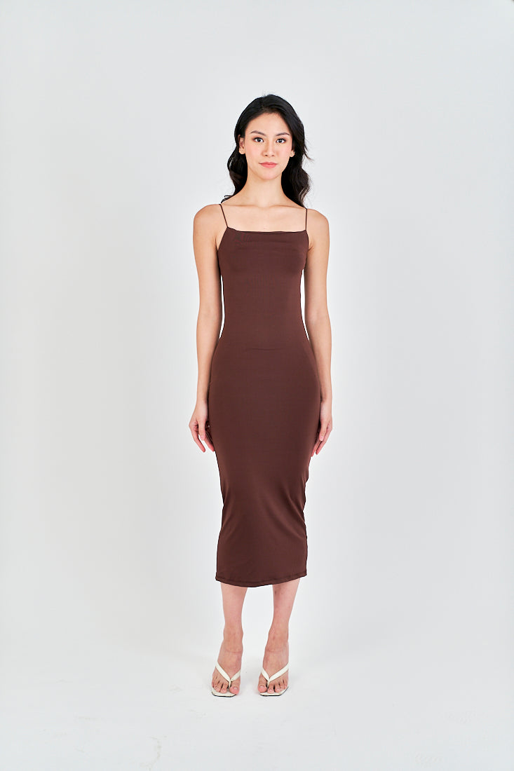 Cleonice Deep Brown Knitted Spaghetti Strap Sleeveless Midi Dress