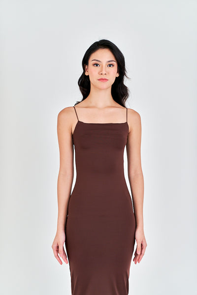 Cleonice Deep Brown Knitted Spaghetti Strap Sleeveless Midi Dress