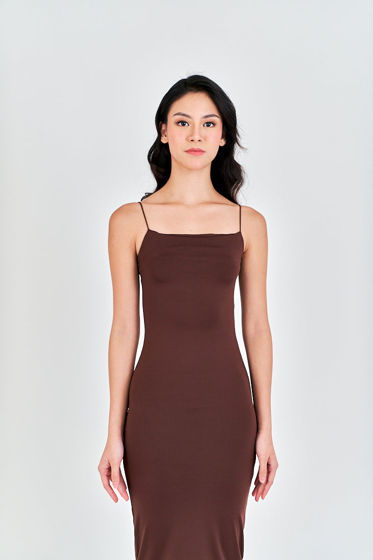 Cleonice Deep Brown Knitted Spaghetti Strap Sleeveless Midi Dress