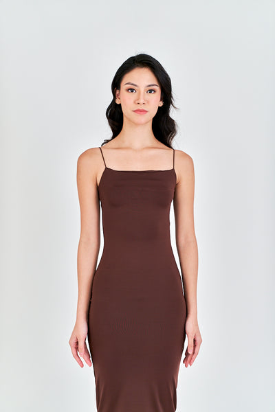 Cleonice Deep Brown Knitted Spaghetti Strap Sleeveless Midi Dress
