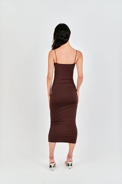 Cleonice Deep Brown Knitted Spaghetti Strap Sleeveless Midi Dress