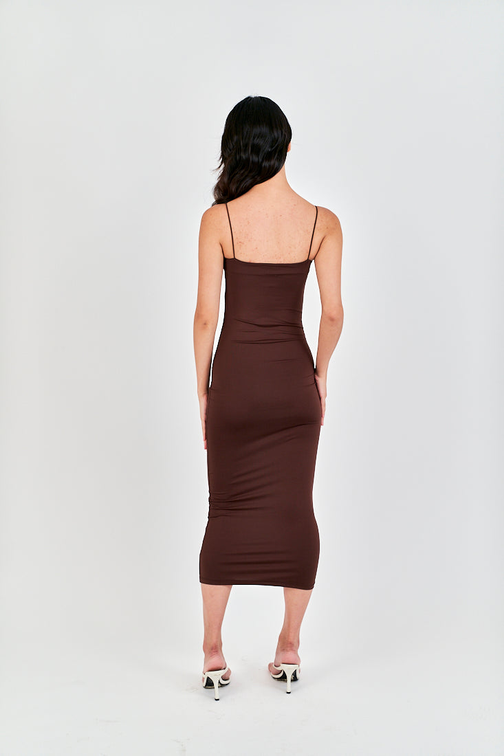 Cleonice Deep Brown Knitted Spaghetti Strap Sleeveless Midi Dress
