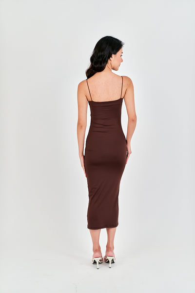 Cleonice Deep Brown Knitted Spaghetti Strap Sleeveless Midi Dress