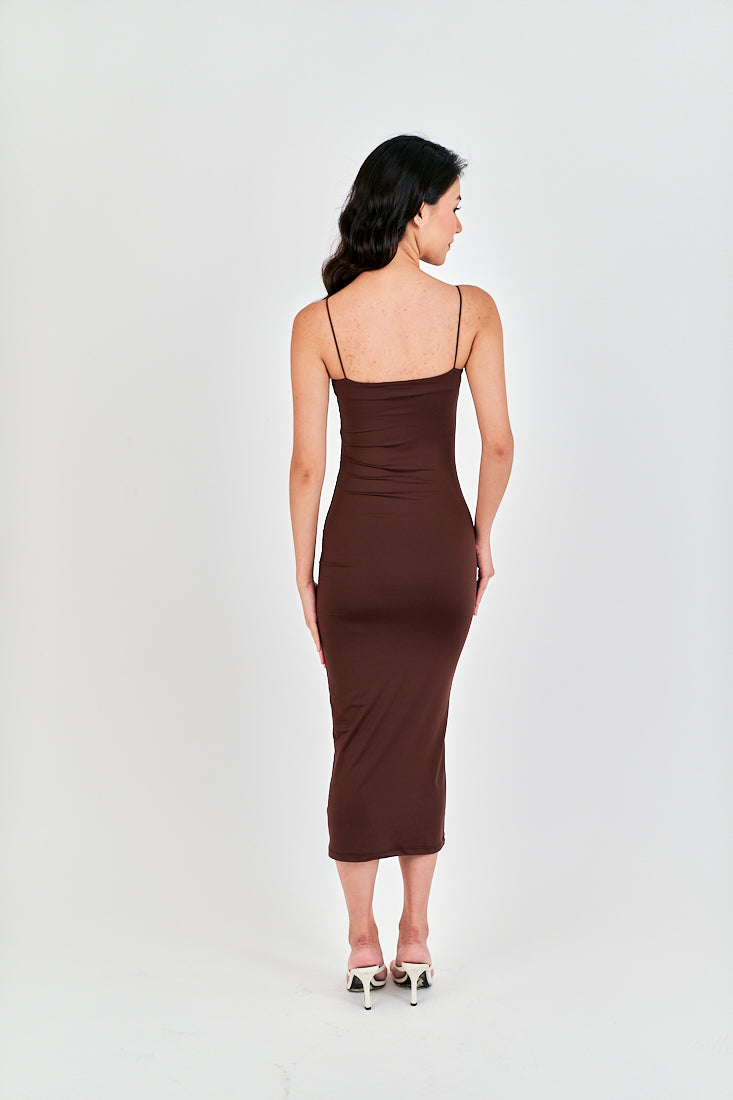 Cleonice Deep Brown Knitted Spaghetti Strap Sleeveless Midi Dress
