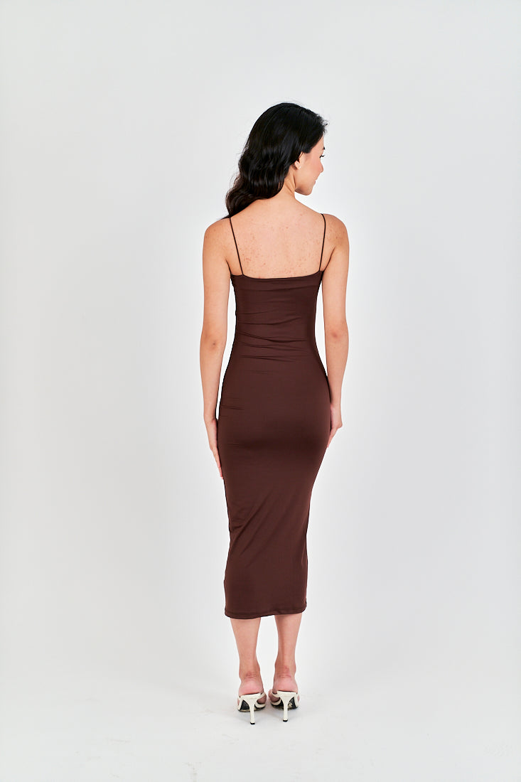 Cleonice Deep Brown Knitted Spaghetti Strap Sleeveless Midi Dress