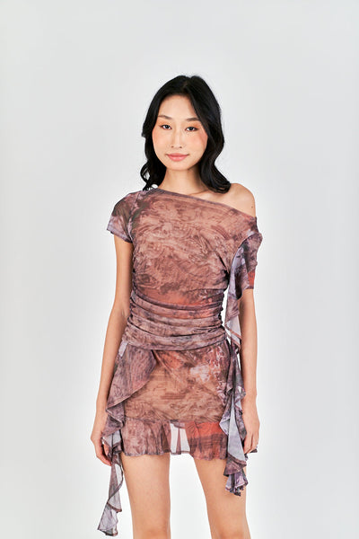 Amiel Brown Abstract Print Long Side Ruffle Asymmetrical Hem Mesh Skirt