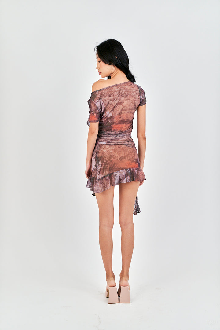Amiel Brown Abstract Print Long Side Ruffle Asymmetrical Hem Mesh Skirt