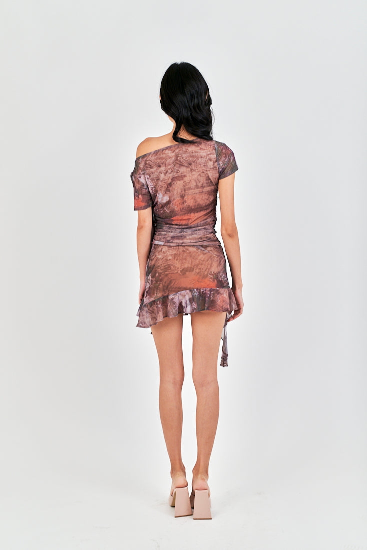 Amiel Brown Abstract Print Long Side Ruffle Asymmetrical Hem Mesh Skirt