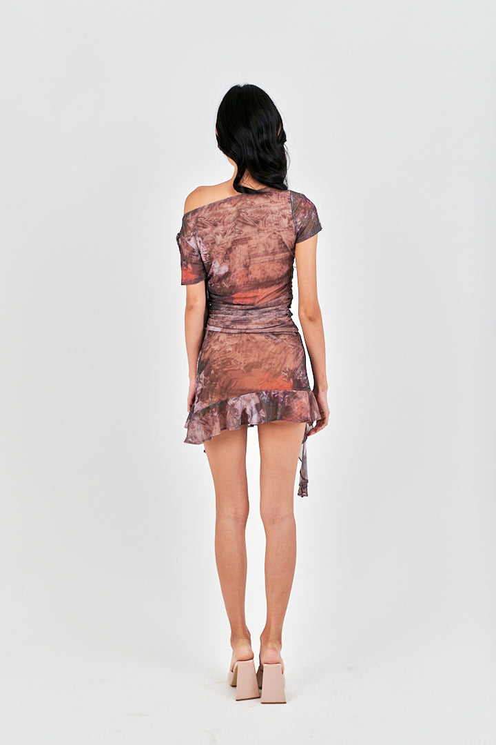 Amiel Brown Abstract Print Long Side Ruffle Asymmetrical Hem Mesh Skirt