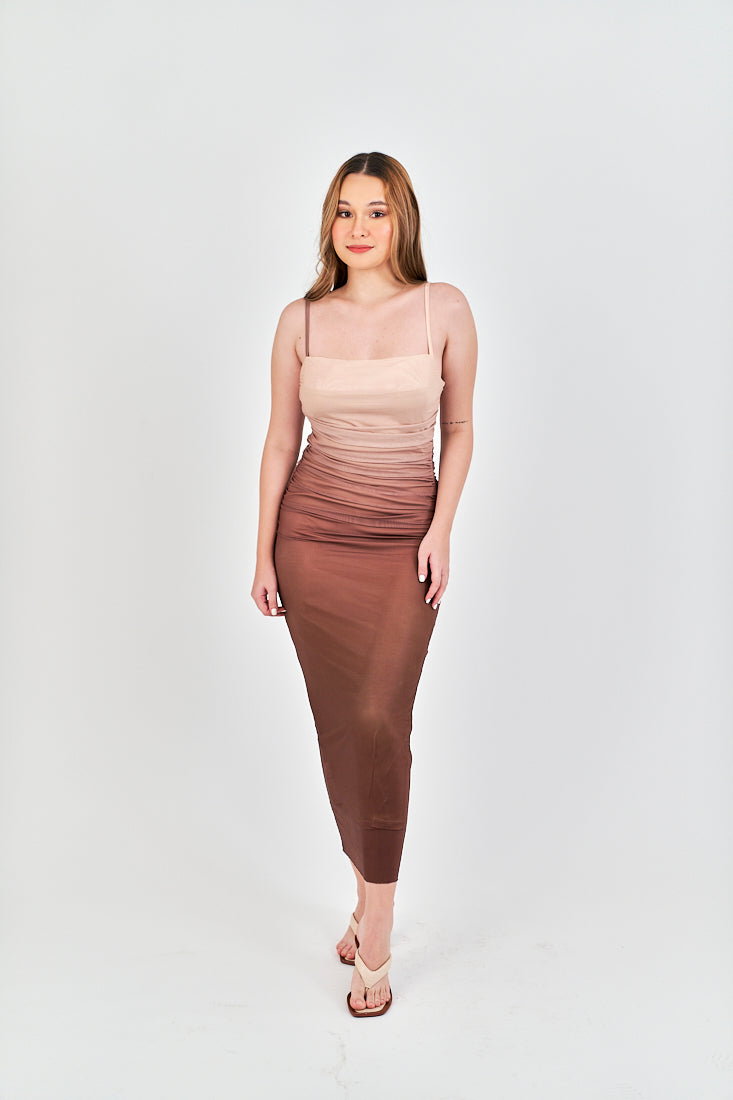 (PRE-ORDER: ETA December 22) Gela Brown Pleated Sides Mesh Bodycon Thin Strap Midi Dress