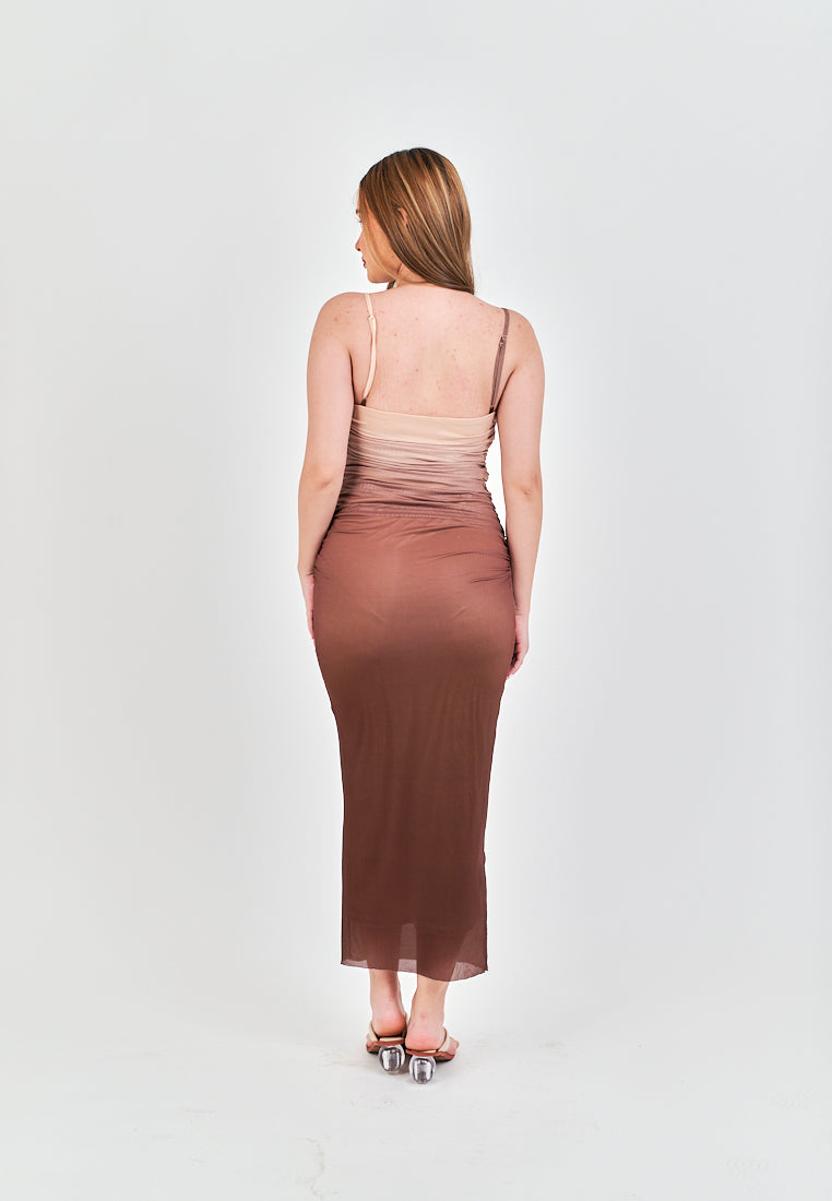(PRE-ORDER: ETA December 22) Gela Brown Pleated Sides Mesh Bodycon Thin Strap Midi Dress