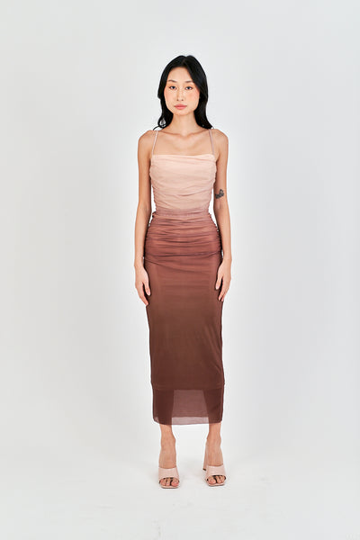 (PRE-ORDER: ETA December 22) Gela Brown Pleated Sides Mesh Bodycon Thin Strap Midi Dress