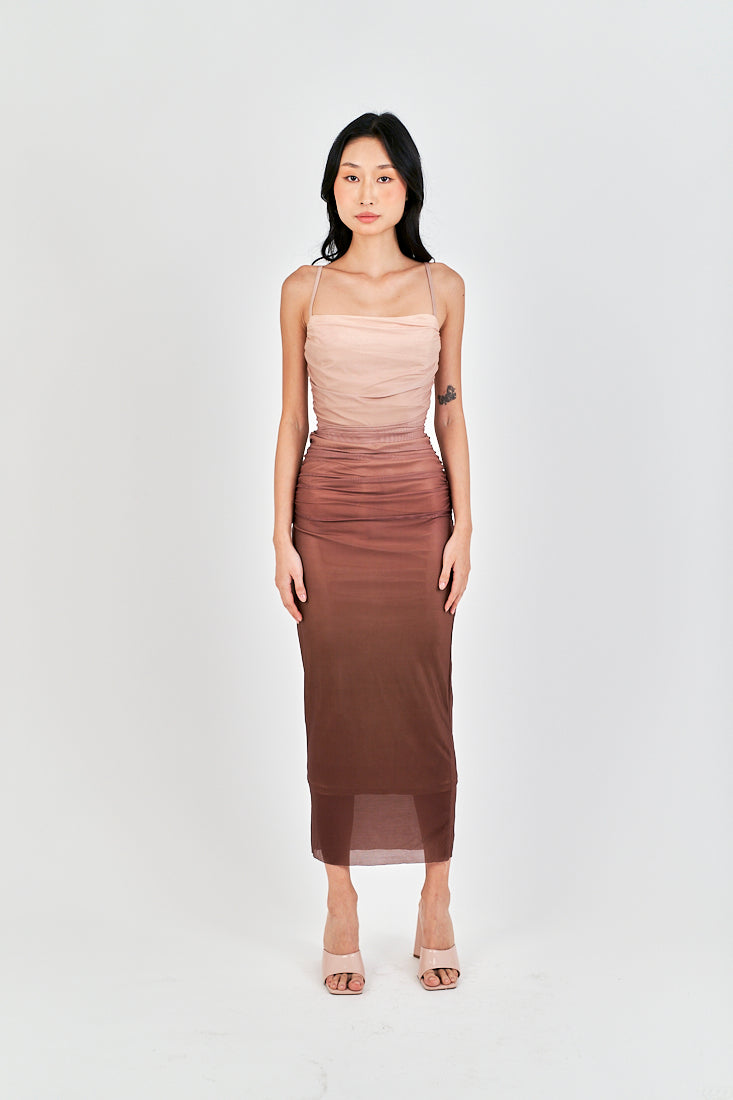 (PRE-ORDER: ETA December 22) Gela Brown Pleated Sides Mesh Bodycon Thin Strap Midi Dress