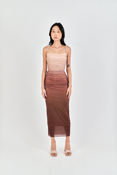 (PRE-ORDER: ETA December 22) Gela Brown Pleated Sides Mesh Bodycon Thin Strap Midi Dress