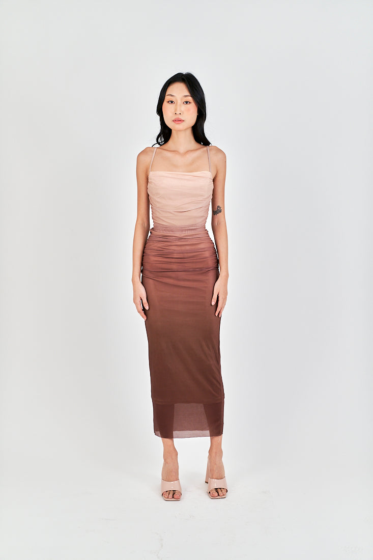 (PRE-ORDER: ETA December 22) Gela Brown Pleated Sides Mesh Bodycon Thin Strap Midi Dress