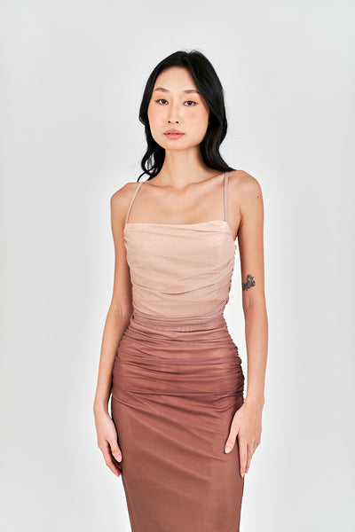 (PRE-ORDER: ETA December 22) Gela Brown Pleated Sides Mesh Bodycon Thin Strap Midi Dress