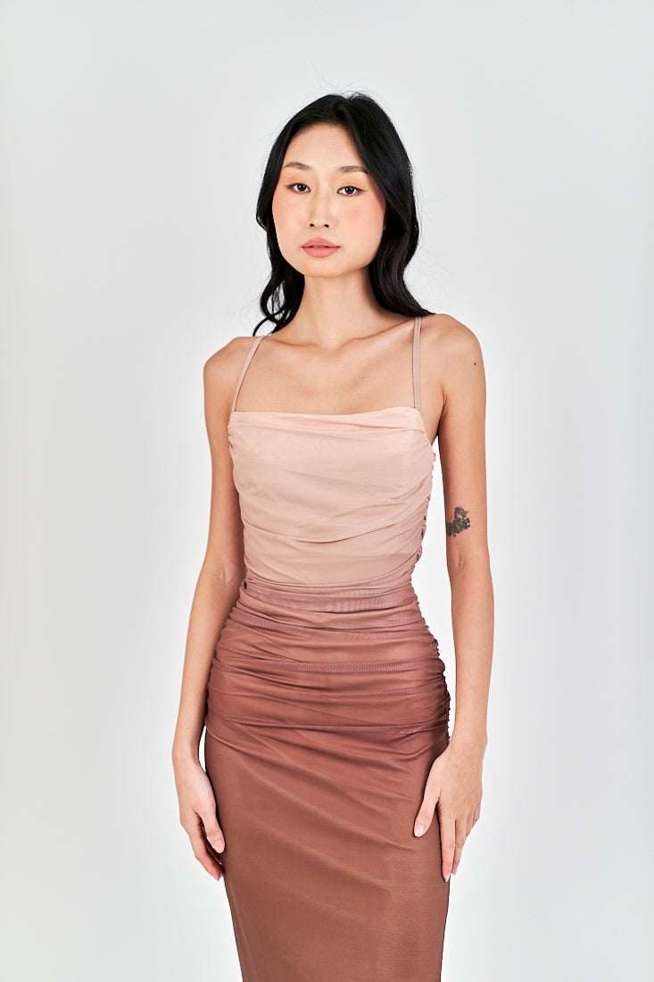 (PRE-ORDER: ETA December 22) Gela Brown Pleated Sides Mesh Bodycon Thin Strap Midi Dress