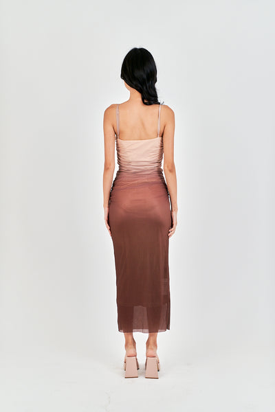 (PRE-ORDER: ETA December 22) Gela Brown Pleated Sides Mesh Bodycon Thin Strap Midi Dress