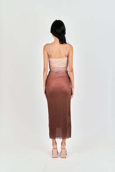 (PRE-ORDER: ETA February 25) Gela Brown Pleated Sides Mesh Bodycon Thin Strap Midi Dress