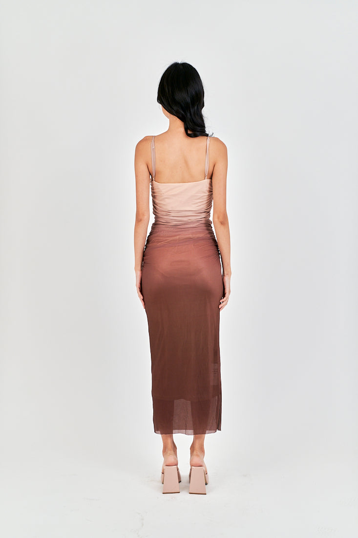 (PRE-ORDER: ETA December 22) Gela Brown Pleated Sides Mesh Bodycon Thin Strap Midi Dress