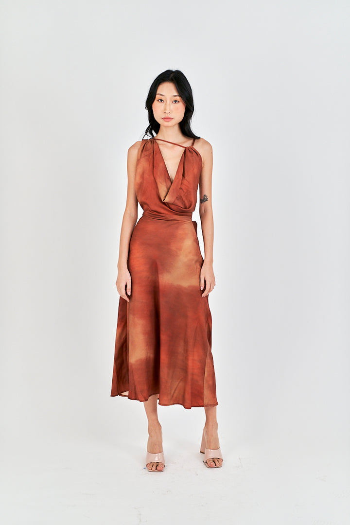 Jirah Brown Multi Color Satin Crew Neckline Sexy Back Sleeveless Midi Dress