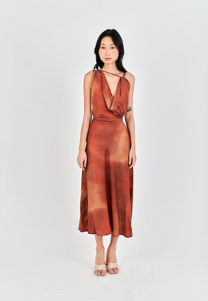 Jirah Brown Multi Color Satin Crew Neckline Sexy Back Sleeveless Midi Dress