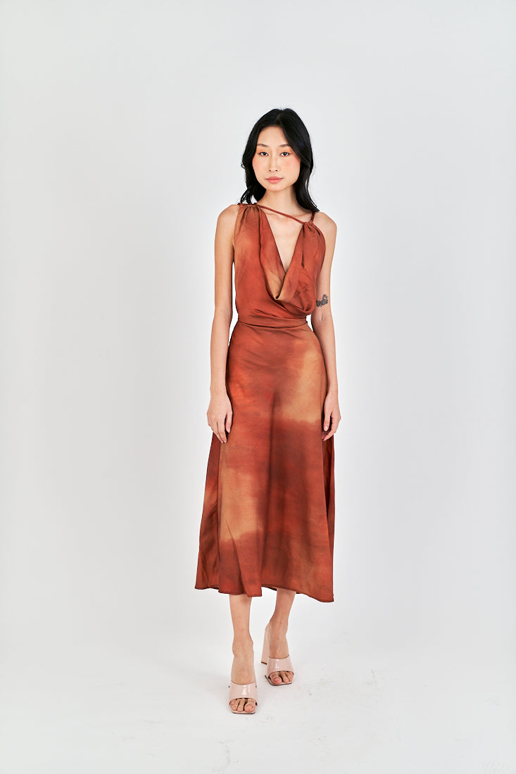 Jirah Brown Multi Color Satin Crew Neckline Sexy Back Sleeveless Midi Dress