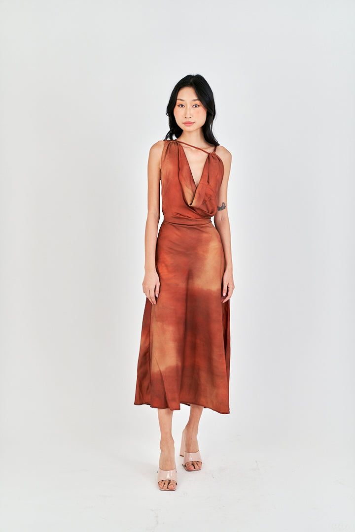 Jirah Brown Multi Color Satin Crew Neckline Sexy Back Sleeveless Midi Dress